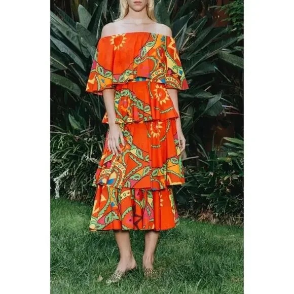 NWT Rhode Resort Lulu Off the Shoulder Ruffle Tiered Midi Dress Uzbek Size S - Picture 1 of 8
